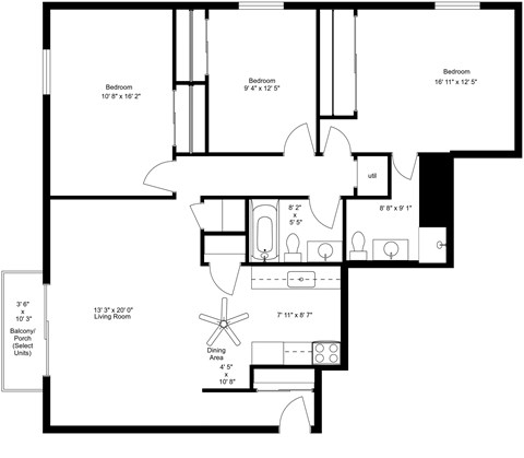 Floor plan for 3 beds, 2 baths, 1200 sqft